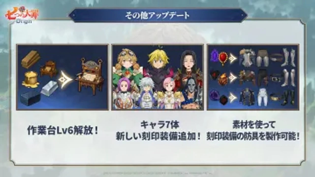 その他アップデート — 作業台Lv6解放 / キャラ7体 新刻印装備追加 / 素材から刻印装備防具の製作可能